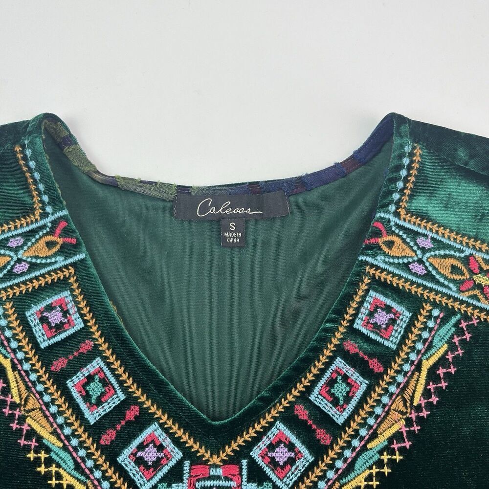 Caleesa Velvet Embroidered Tunic Top Sz S Forest Green Fairy Grunge Renaissance - Picture 5 of 11